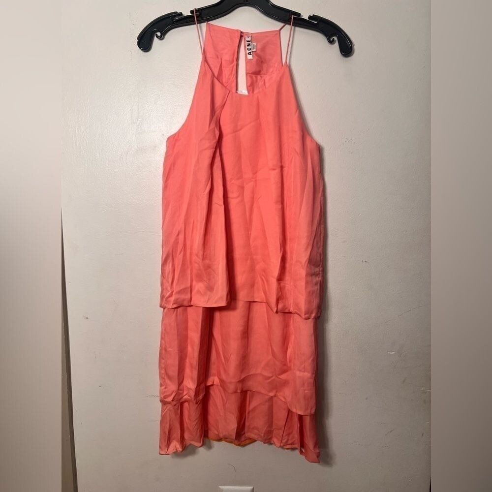 Acne Studios Satya Tape Dress Womens 32 XXS Coral Pink Tiered Layered Halter NEW